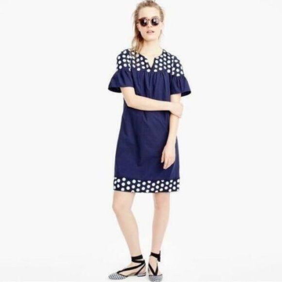 J.Crew Navy Dress Shift Embroidered Polka Dot Fringe‎ Dress. Bell Sleeves size 4 - Picture 1 of 7